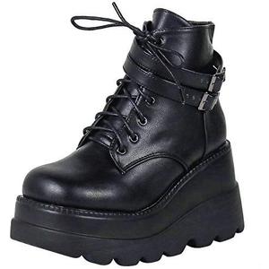 CELNEPHO Chunky Platform Boots for Women, Square Toe Lace up Zip High Heel Combat Wedge Ankle Boots (6)
