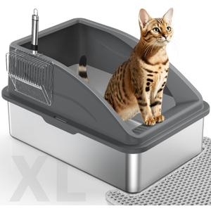 Stainless Steel Cat Litter Box, Extra Large Litter Boxes for Big Cats, Anti-Urine Leakage XL Litter Box with High Sides, Xlarge Metal Litter Box with Lid, Easy Clean, Non-Sticky, Cat Mat & Metal Scoop (X-Large, Dark Grey)