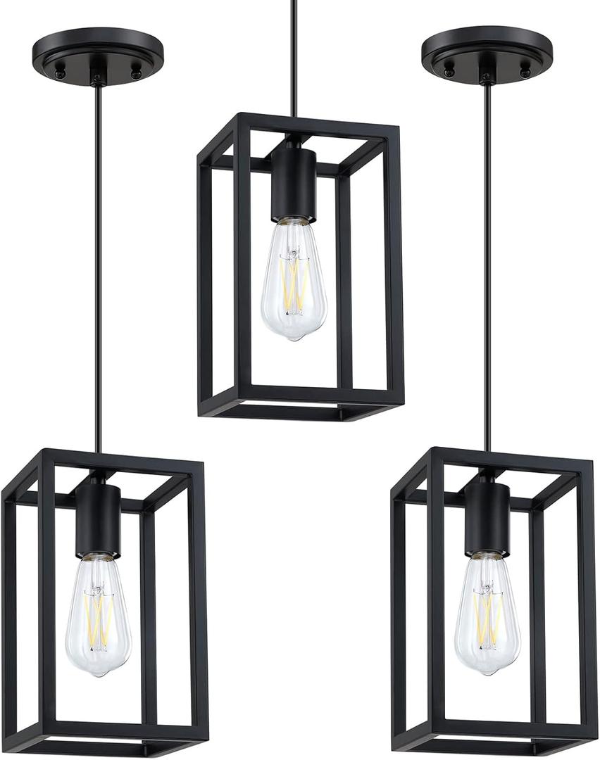 3 Pack 1 Light Adjustable Rustic Farmhouse Pendant Light with 5.7" Lantern Cage Mini Pendant Lighting Fixture Black Finish for Kitchen Island Cafe Bar