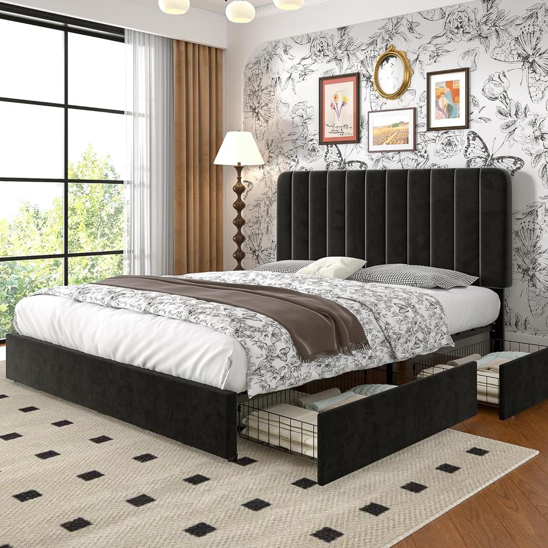 VECELO Full Size Upholstered Bed Frame with 4 Drawers and Headboard, Velvet Platform Storage Bedframe, Wooden Slats Support, No Box Spring Needed, Black
