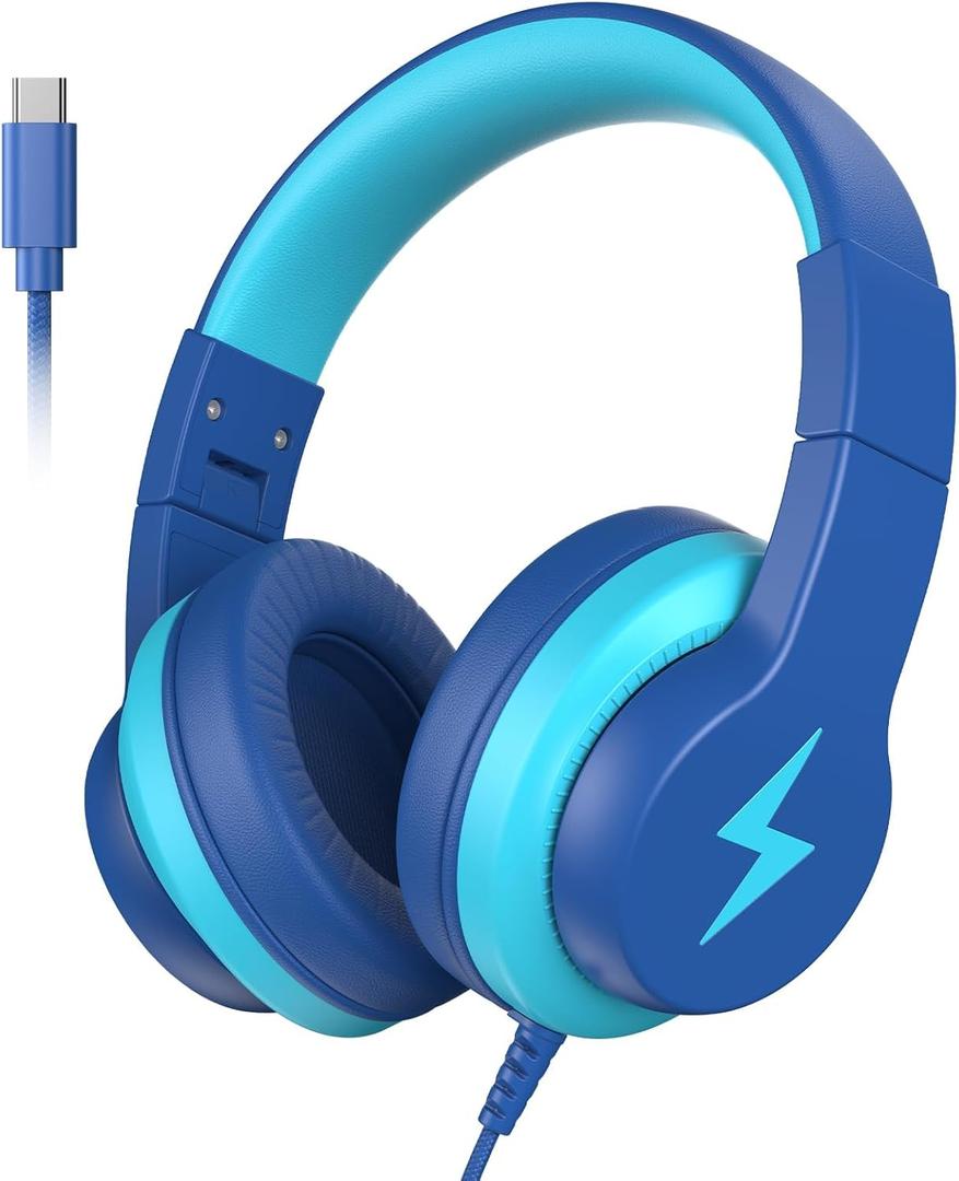 Candy Bila Wired Kids Headphones, USB Type C Headphones for Kids, 85dB Safe Volume, HD Stereo Sound,Comfortable Fit, Adjustable &Foldable, Ideal for Boys/Girls/School/Travel/Tablet(Deep Bule, No Mic)