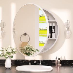 TETOTE 24 x 24 Inch Medicine Cabinet Mirror White Framed Round Mirrored Medicine Cabinets for Bathroom Adjustable Shelves Modern Bathroom Mirror with Storage Wall Mounted