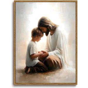 KISSFOX Jesus Canvas Wall Art Jesus and Little Boy Framed Wall Art Christian Religious Serenity Prayer Art Prints Artwork For Prayer Living Room Bedroom Kitchen Boy Room, 16x24 inch, 16"x24" Natural