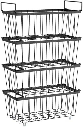 iSPECLE Freezer Organizer Bins - 4 Pack Small Stackable Deep Freezer Organizer Bins for 7 Cu.Ft Freezers Easy Get Bottom Foods without Digging, Chest Freezer Organizer Prevent Frozen Food Waste, Black