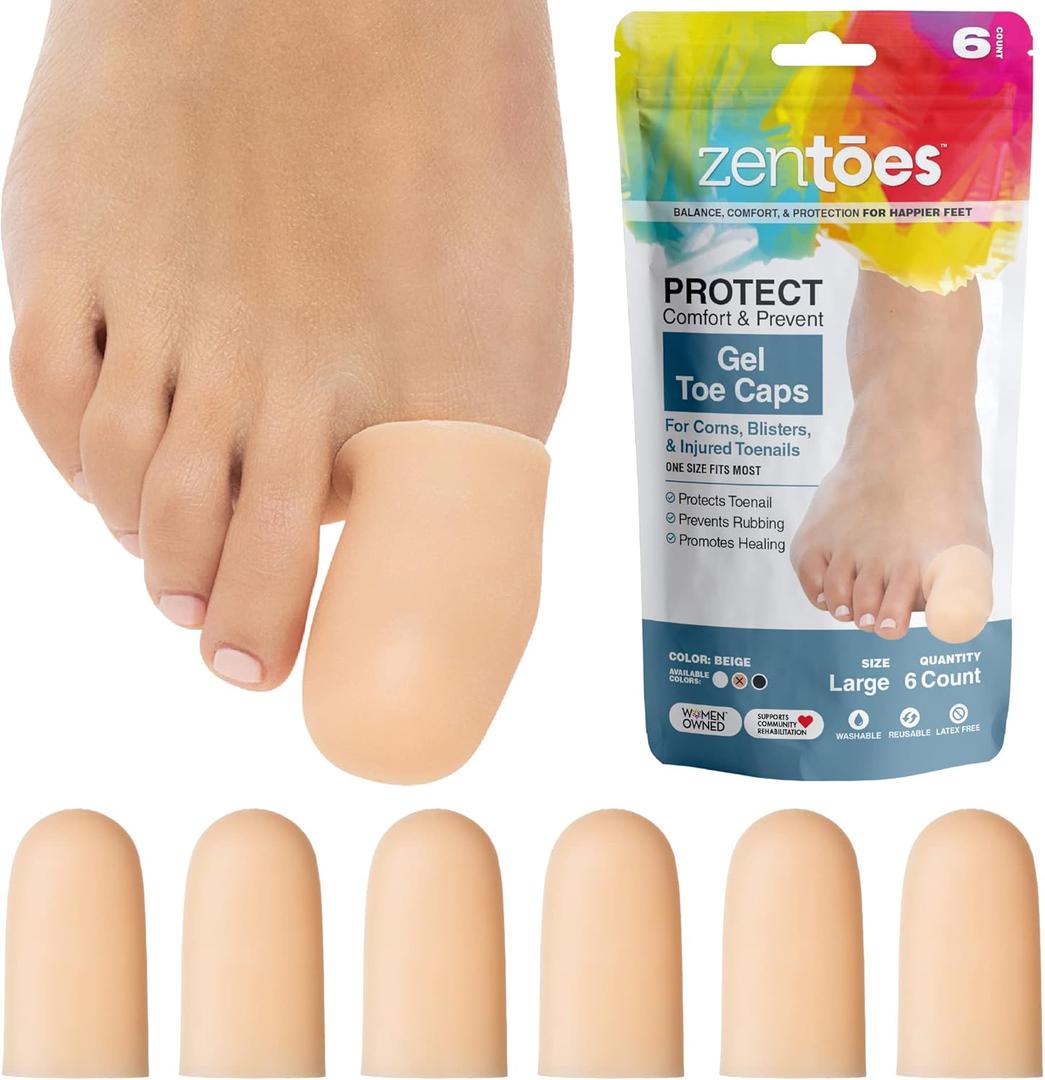 ZenToes 6 Pack Gel Toe Cap and Protector - Cushions and Protects to Provide Relief from Missing or Ingrown Toenails, Corns, Blisters, Hammer Toes (Large, Beige)