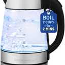 Elite Gourmet EKT-602 Electric BPA-Free Glass Kettle, Cordless 360° Base, Stylish Blue LED Interior, Handy Auto Shut-Off Function – Quickly Boil Water For Tea & More