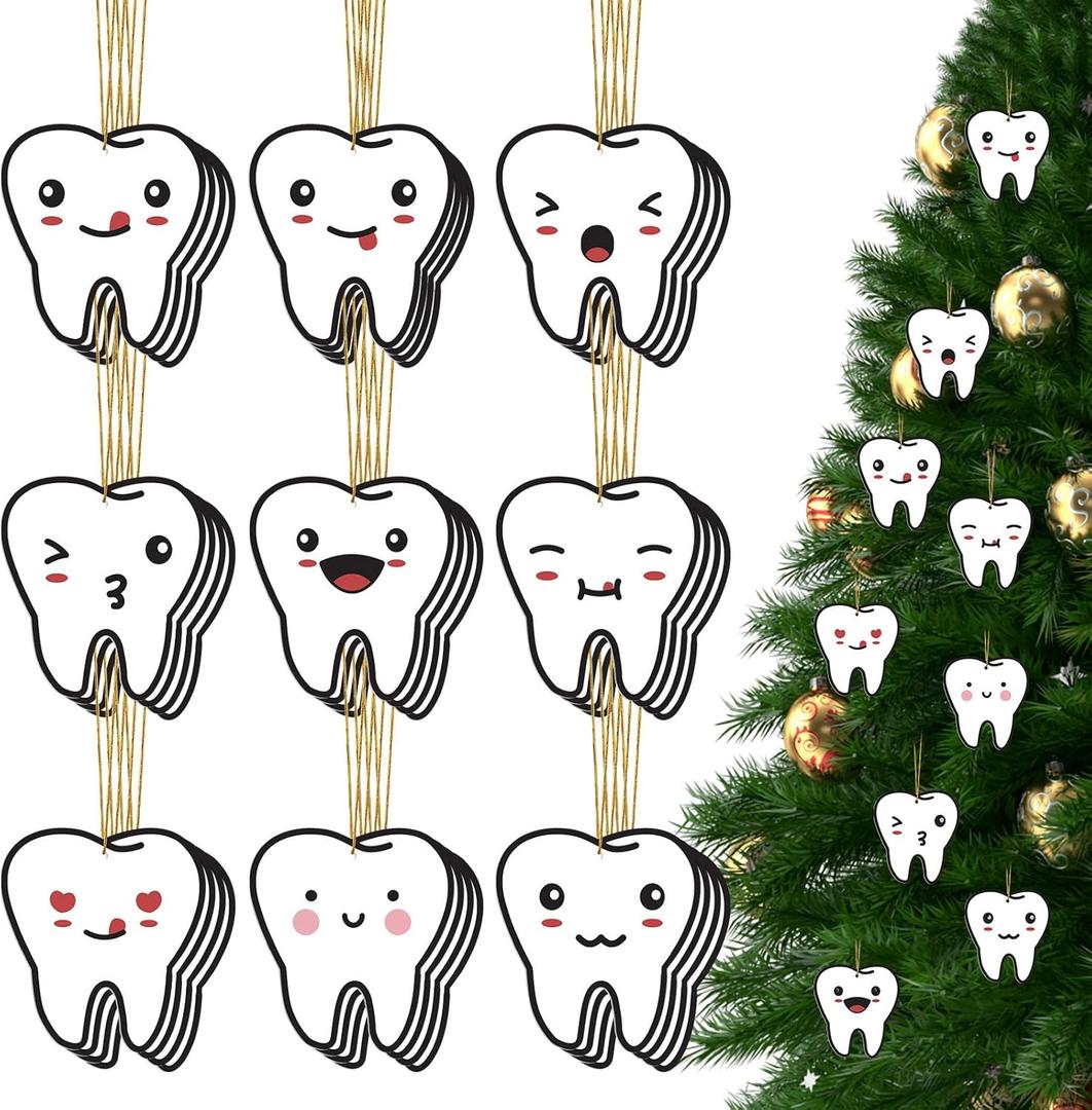 Shellwei 36 Pieces Christmas Tooth Ornaments Decor Christmas Dentist Gifts Car Air Fresher Teeth Hanging Ornaments for Dental Laboratory Technician Dentist Assistant Home Office Decor