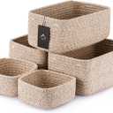 VIRETH HAUS 5-Pack Small Woven Rope Storage Baskets  2 Sizes Organizer Bins for Closet, Shelf, Bookshelf, Nursery, Changing Table, Fabric Cube Boxes, Rectangular Shallow Bins for Bathroom, Toy & Home (11.81*7.48*4.72'' & 5.91*5.91*2.56'', Natural)
