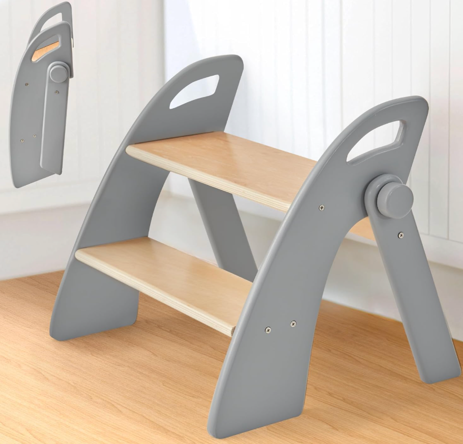 Reeple Wooden 2 Step Stool for Toddlers, Foldable 2Step with NonSlip Pads and Handles, Bamboo Step Stool for Kids Bathroom Sink and Potty Training, Kitchen Helper, Nursery Bedroom (Grizzly)