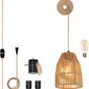 Plug in Pendant Light, Hanging Lights with 15ft Golden Cotton Cord & Stepless Dimming Switch, Handwoven Hemp Rope Lampshade, Boho Hanging Lamp for Bedroom,Hallway (Bulb & 2 Swag Hooks Included)