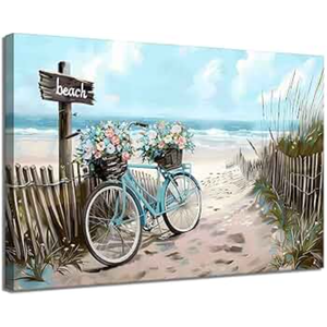 Beach Ocean Canvas Wall Art Seaside Bicycle Seascape Wall Decor Pictures Teal Aqua Blue Calming Shoreside Posters Prints for Modern Coastal Themed Home Decoration Bathroom Room Decoration Pack Of 3