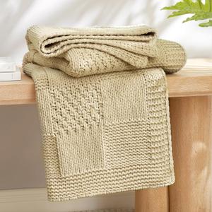 Amlie Home Knit Throw Blanket, Soft Chenille Cozy Breathable Checkered Chunky Decorative Blanket for Couch, Bed & Sofa, French-Inspired Lightweight Warm Gift for Women, Beige, 50"x60"