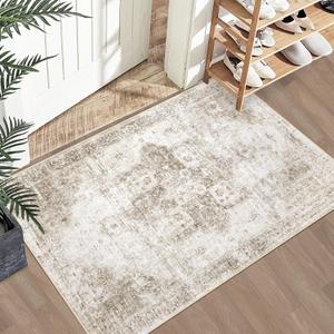 Area Rug 2x3 Washable Rug, Vintage Boho Medallion Entryway Rug Non-Slip Soft Low Pile Small Distressed Floor Carpet Retro Doormat for Kitchen Bedroom Laundry Bathroom Hallway (Taupe, 2'x3')