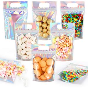 Sinload 120 Pcs Plastic Gift Bag Bulk 5.5 x 8.7 Inch Resealable Party Goodie Bag with Clear Window Color Favor Pouch with Handle for Home Birthday Wedding Party Candy Gift Wrap Supply (Clear Laser)