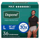 Depend Fresh Protection Adult Diapers, Incontinence Underwear for Men, Disposable, Maximum, Large, Grey, 36 Count (1 Pack of 36)