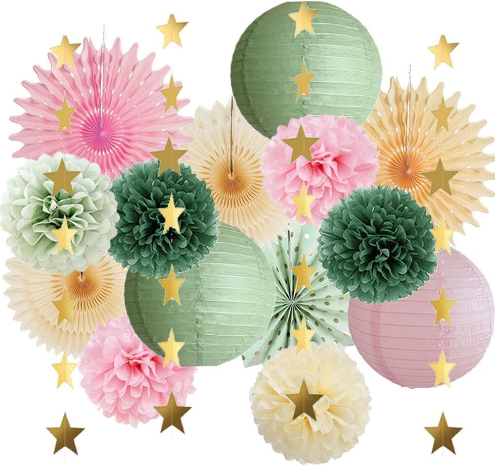 Sage Green and Pink Party Decorations Baby Shower Girl Olive Green and Light Pink Birthday Decorations Paper Lanterns Sage Beige Fans Pom Poms for Bridal Shower Wedding Engagement Nursery Decor