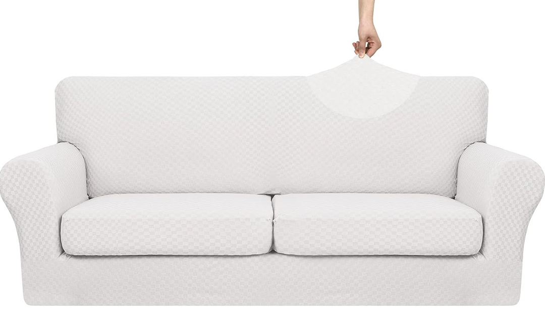 YEMYHOM Latest Checkered 3 Pieces Couch Covers for 2 Cushion Couch High Stretch Sofa Cover with 2 Extra Large Seat Cushion Covers Anti Slip Elastic Slipcovers (XL Loveseat, White), 71"-91"(2 CUSHIONS)