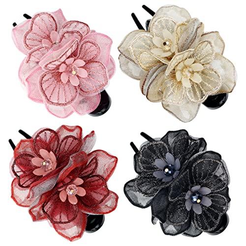 Lawie 4 Pack Mesh Embroidery Flower Duckbill Plastic Flat Hair Clips Claw Barrettes Bun Twist Hairclips Ponytail Hair Holder Accessories Hair Flower for Women Girls