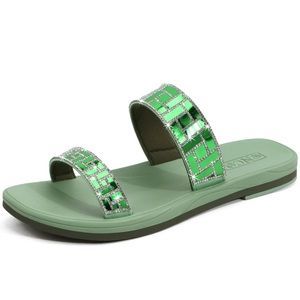 ONCAI Flat Sandals for Women with Glittery Rhinestones Trendy Square Open Toe Summer Dressy Sparkly Slides Sandles with Slip-on Rubber Soles, Size 7.5