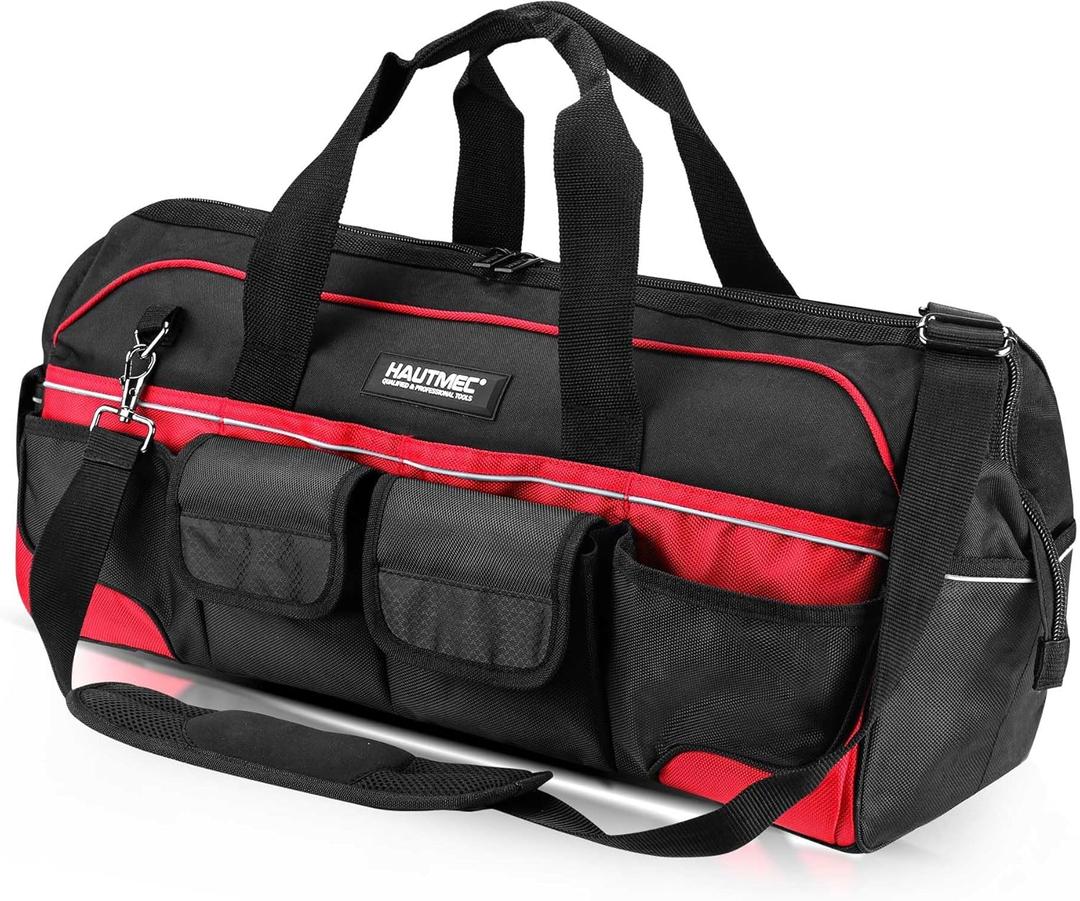 HAUTMEC 24" Heavy-Duty Large Tool Bag, 1680D Wear-Resistant Wide Mouth Tool Bag with Metal Frame & Hard Base, 36 Pockets, Level Holder, Anti-Tangle Padded Shoulder Strap – HT0284