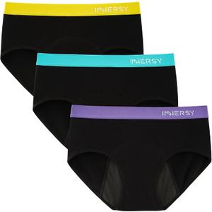 INNERSY Womens Period Underwear Mid Low Waisted Cotton Postpartum Maternity Panties 3 Pack, (X-Large, 3 Black with Contrasting Waistband)