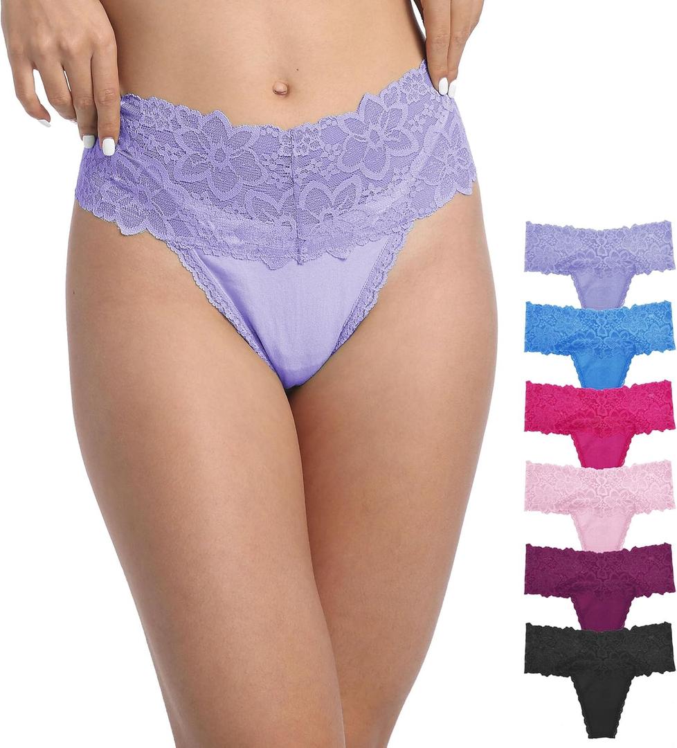 Pack 6 High Waisted Lace Thong for Women Cotton Underwear Plus Size High Rise Retro Tummy Control Thongs Panties (4X-Large)