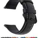 12 Colors for Quick Release Leather Watch Band, Fullmosa Axus Genuine Leather Watch Strap Women Men 14mm, 16mm, 18mm, 19mm, 20mm, 22mm or 24mm (choose the proper size), Black+black buckle, Classic