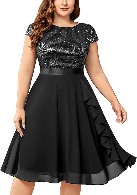 Knitee Women's Plus Size Elegant Sequin Glitter Chiffon Ruffle Style Cocktail Prom Flowy Dress
Size 4 XL