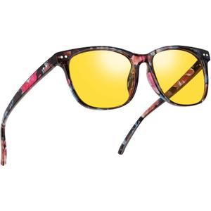 10 x Night Vision Driving Glasses Polarized Anti-glare, HD Yellow Tinted Glasses for Women Men (A07 Flower/Yellow)
