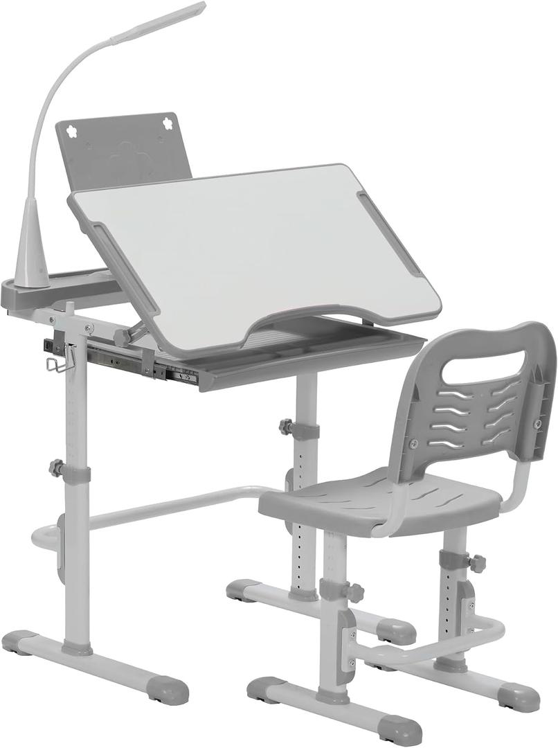 SMAGREHO Kids' Desk and Chair Set, Height Adjustable Child's School Study Writing Tables with Tilt Desktop, LED Light, Storage Drawer, Book Stand(Grey), Onesize