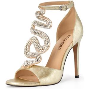 100FIXEO Women's Elegant Gold Rhinestone Snake T-Strap Open Toe High Heels Stiletto Heeled Sandals Peep Toe Sexy Party Shoes (8)