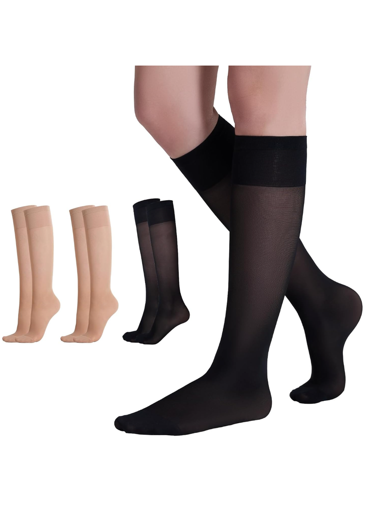 Yilanmy 3 Pairs Compression Stockings for Women 40D Knee High Socks 10-15mmHg Support Socks, Color Natural+Black