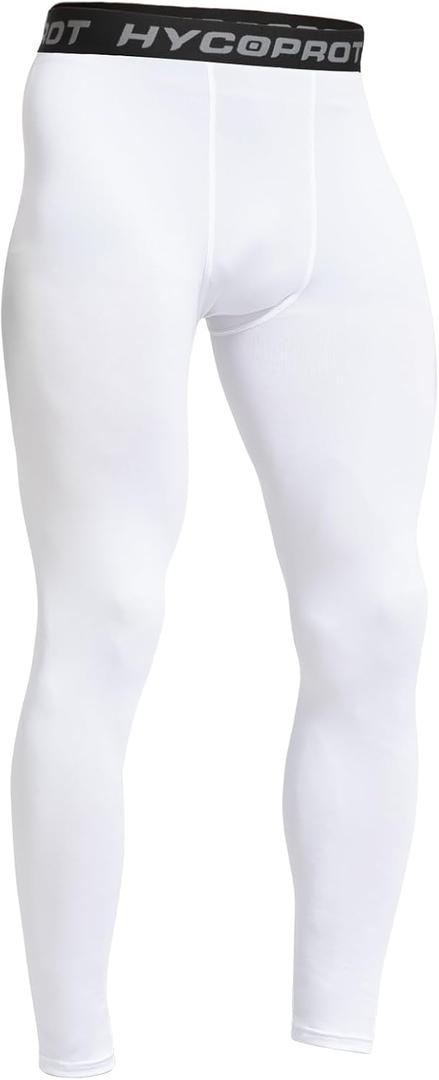HYCOPROT Men's Compression Pants, Athletic Leggings Base Layer Cool Dry Workout Tights for Running Yoga Gym Basketball (White, L)