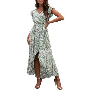 GRECERELLE 2025 Women's Spring Summer Boho Floral Print V-Neck Faux Wrap Maxi Dress for Wedding Guest, Graduation, Party (Large, 13 Fp Lily Green)
