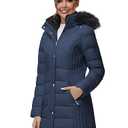SLOW DOWN Women Winter Down Puffer Coat Warm Hooded Mid-Length Down Jacket for Women with Faux Fur Trim Hood and Pile Collar (Navy, M)