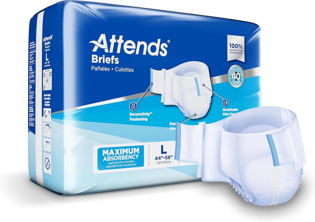 Attends Adult Incontinence Disposable Briefs, Large, 44"-58" Waist with Tab Closures, Maximum Absorbency Core and Breathable Materials, 72ct Case