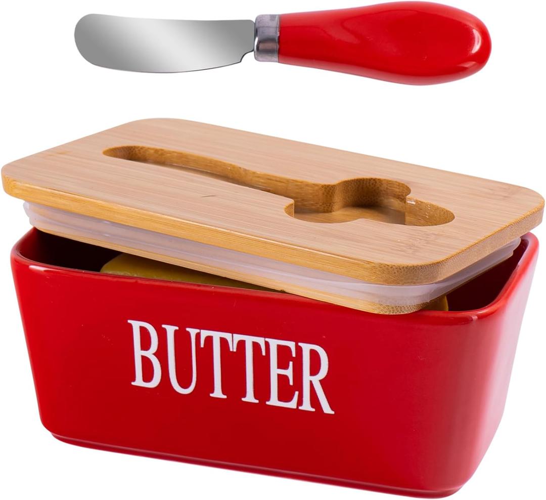 Red Butter Dish with Lid for Countertop, Large Ceramic Covered Butter Stick Holder Container for Fridge 