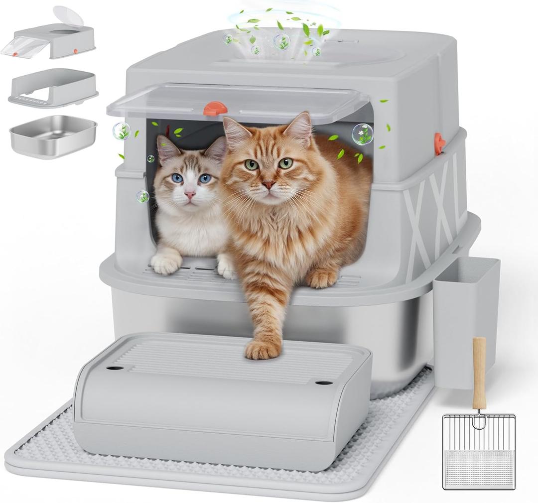 Stainless Steel Litter Box with Lid, Extra Large Enclosed Cat Litter Box for Big Cats, Anti-Leakage Metal Kitty Box with High Sided Enclosure, Scoop, Pedal & Non-Slip Mat, Easy to Clean (Fully Enclosed-Grey)