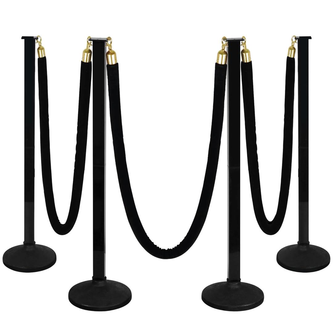 4 Pack Stanchion Post with Velvet Ropes (Weighted Base), Crowd Control Barriers, Red Carpet Runner Poles, Queue Poles for Party, Movie Theater, Plastic (Black)