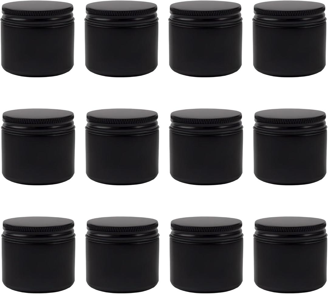 Cornucopia Brands 2-Ounce Black Coated Glass Jars (Pack of 12) Cosmetic Jars with Black Metal Lids and Black Matte Exterior