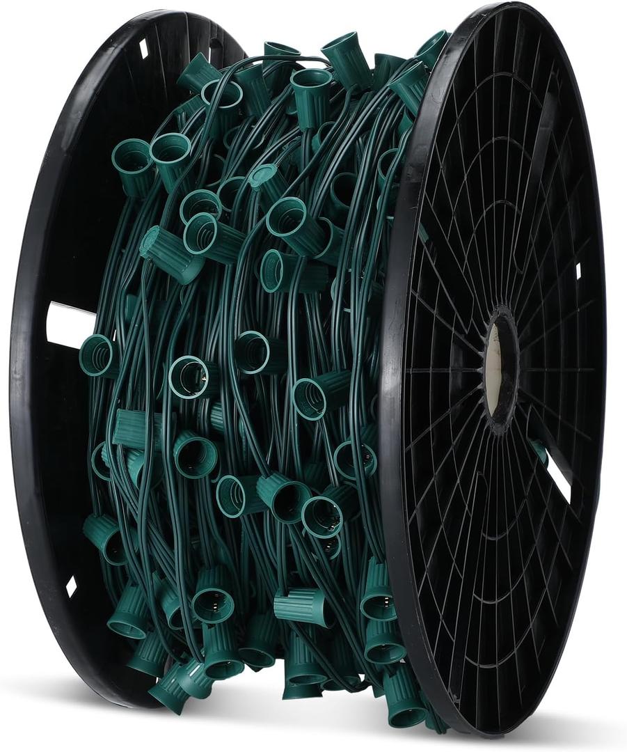 500 Ft C9/E17 Ul Listed String Light Cord Wire Spool, Christmas C9 Light Wire Stringer Strand Set for Outdoor Patio Xmas Tree Roofline, 12 Spacing, Green