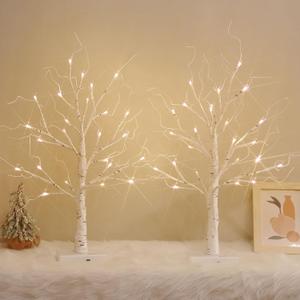 White Birch Tree with LED Lights, Lighted Birch Tree for Tabletop, Battery Operated 24 LED Warm White Tree Lamp, 2FT Mini Christmas Tree Decor for Indoor Home Christmas Decorations (2 Pack, Timer) (2PCS)