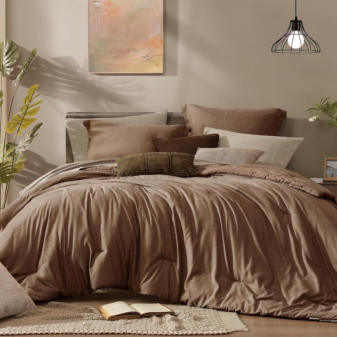 Monbix King Size Comforter Set, Brown King Bedding Set Reversible, King Comforter Set 7 Pieces, Cationic Dyeing Bed in a Bag with Comforter, Sheets, Pillowcases & Shams