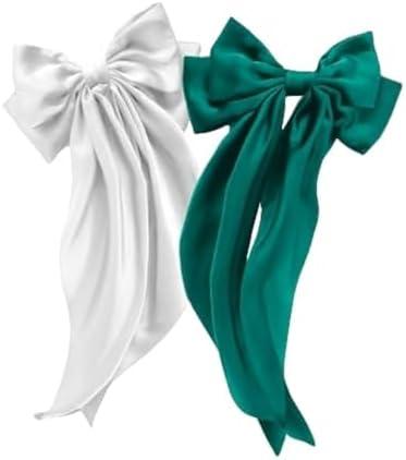 Pack Of 3 Hibasso Large 2-Piece Silky Satin Hair Bows Set for Women, Girls with Long Tails and Metal Clips – Aesthetic bow hair clip, Stylish Hair Accessories (Green & White)