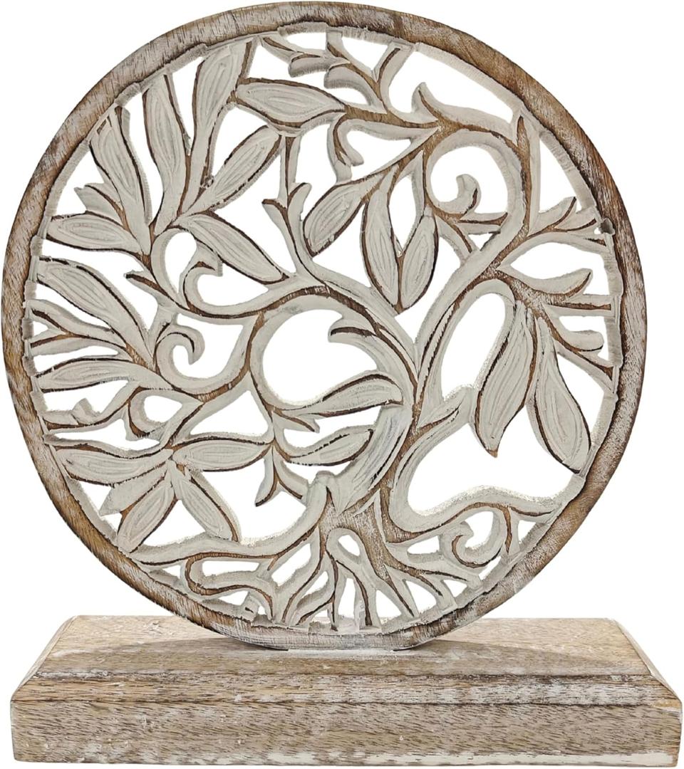 VANIYA CRAFTS Wooden Tree of Life Decor Hand-Carved Solid Wood Sculpture for Home, Living Room, Bedroom, or Office Display (Antique White Finish)