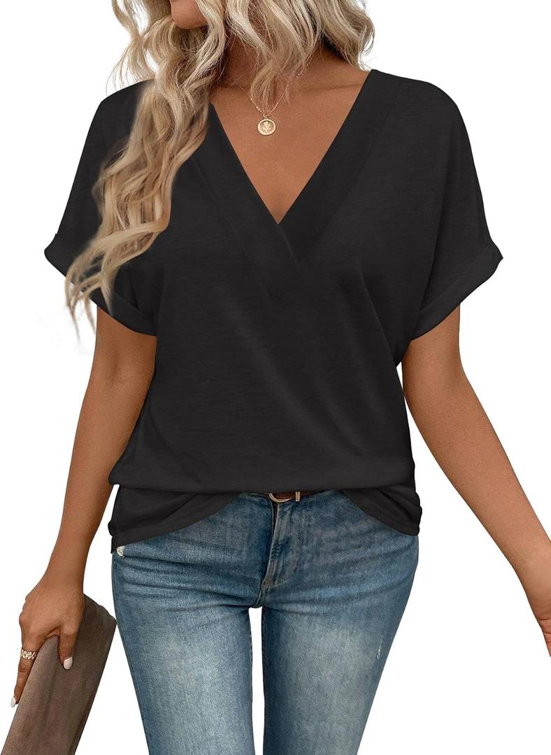T Shirts Short Sleeve V Neck Tees Womens Tops Beach Vacation Fashion Clothes 2025 Casual Summer Spring Fall Outfits (XX-Large, Black)