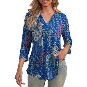 a.Jesdani Womens 3/4 Sleeve Floral Printed Notch V Neck Blouses Tunics Tops, Size XXL