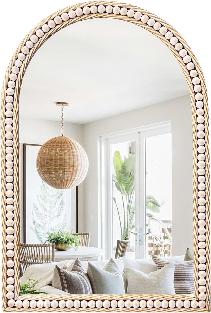 Gold Arch Mirror,20x30 Rustic Farmhouse Mirrors for Wall Decor,Gold Modern Metal Distressed Vanity Accent Arch Beaded Mirror for Bathroom,Living Room,Washroom,Bedroom