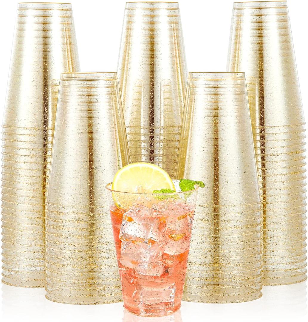 JOLLY CHEF 100 Pack 14 oz Gold Plastic Cups, Disposable Gold Glitter Plastic Cups, Clear Plastic Cups Tumblers, Wedding Cups Party Cups,Ideal for Halloween,Thanksgiving,Christmas (14-Glitter-100)