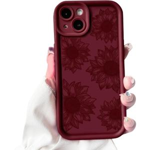 NITITOP Compatible with iPhone 13 Case Cute Sunflower Floral Design for Women Girls Flower Artistic Soft TPU Shockproof Protective Full Camera Protection Cover - Wine Red